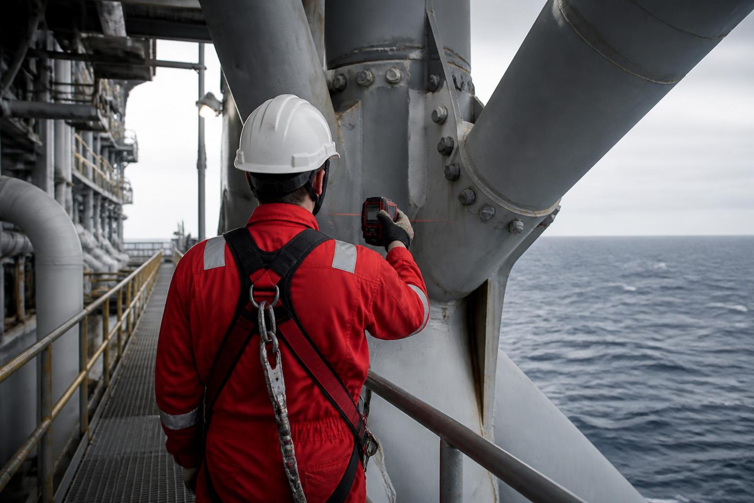 Ingeniør som måler en offshore stålkonstruksjon